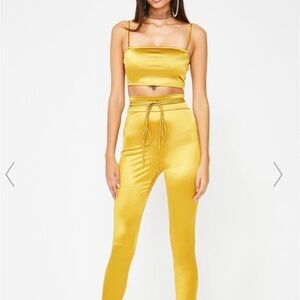 Dolls kill Satin metallic mustard yellow Gold Women's two piece strappy pant set